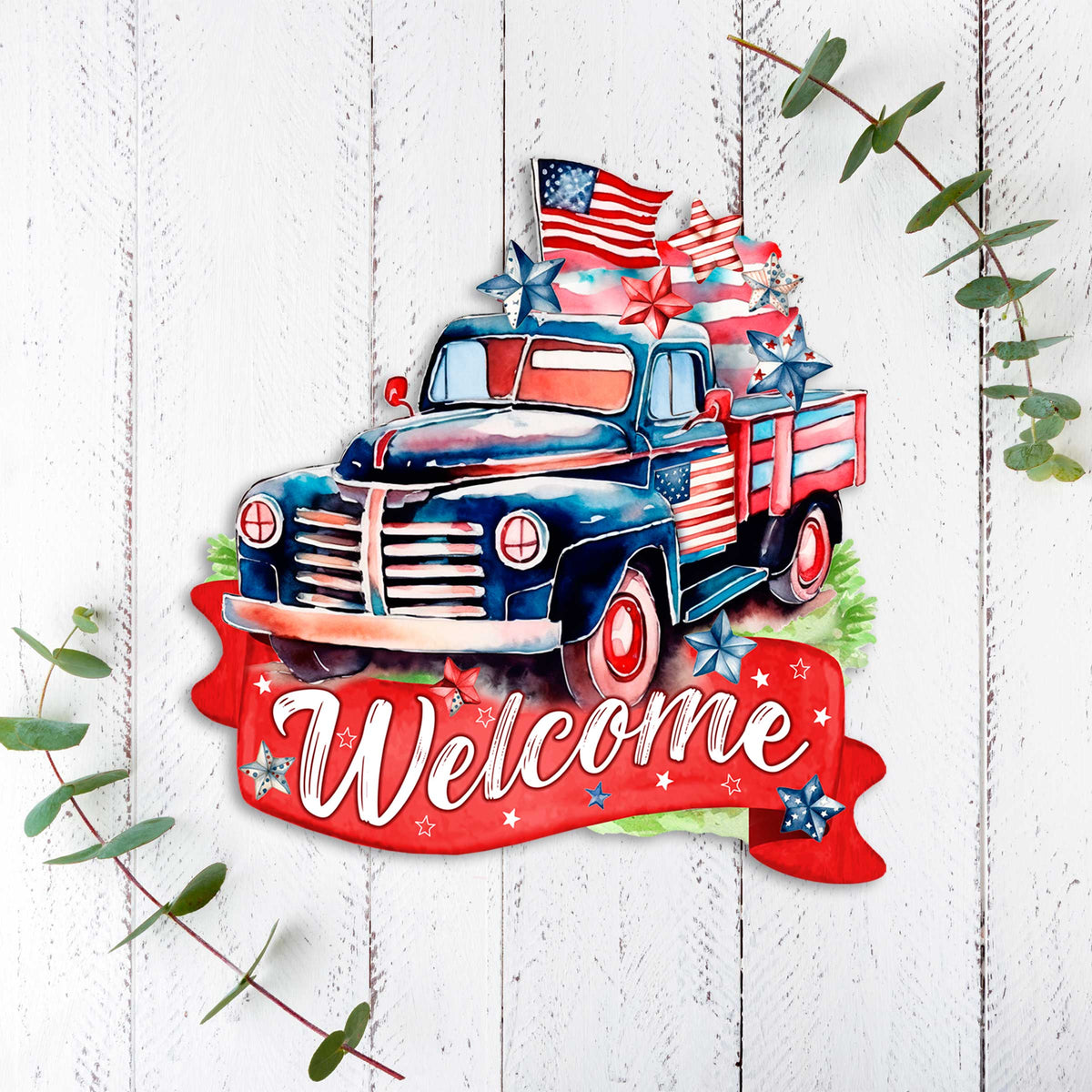 Front door welcome sign American Car United we stand Front porch Patriotic wreath Main entrance banner Red and White Welcome sign - Wooden front porch decor - 933108H