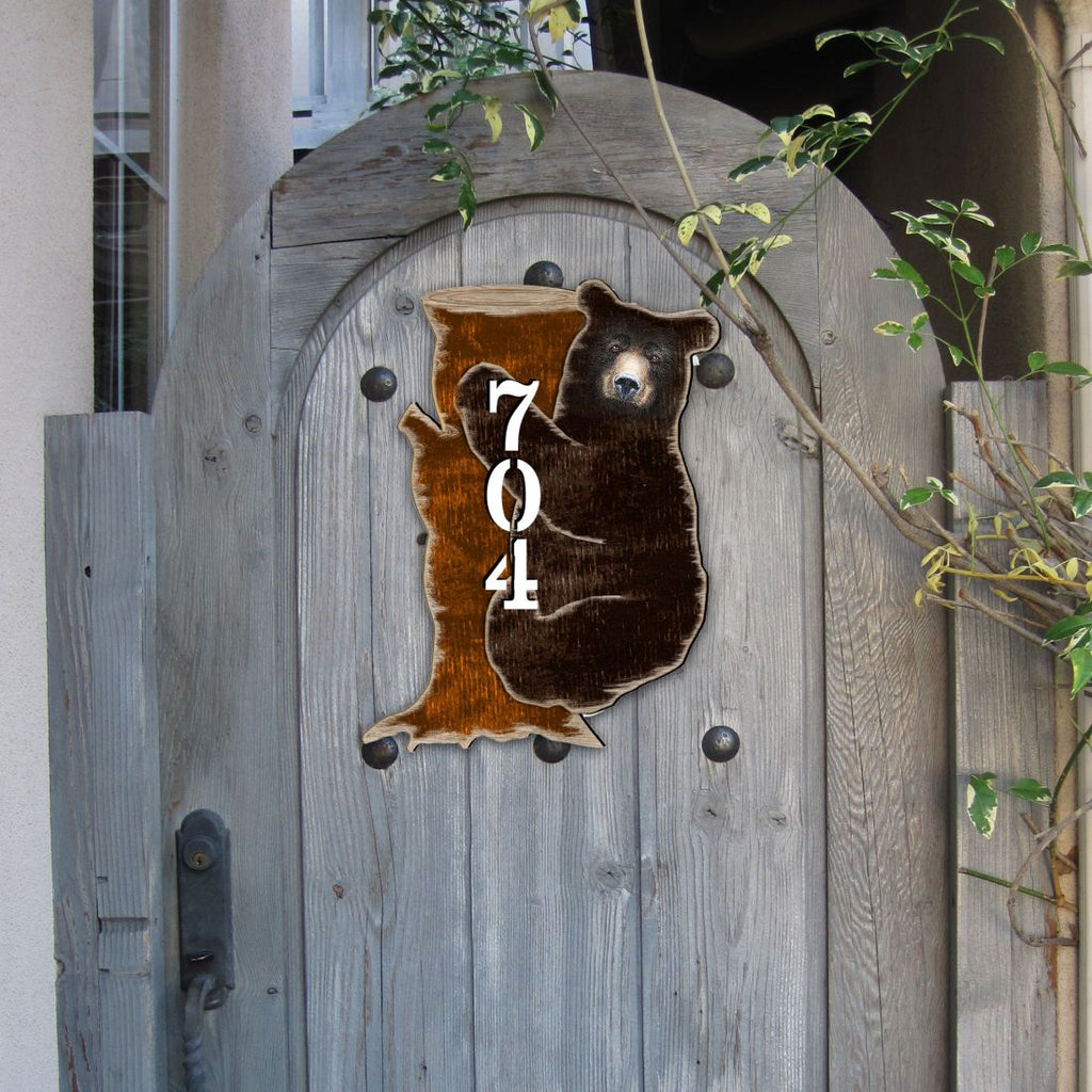 Bear on the Stoop Log Cabin Personalized House Number Sign by G. Debrekht - Nature Wildlife Decor - Handcrafted Wooden Address Sign - MA81982153