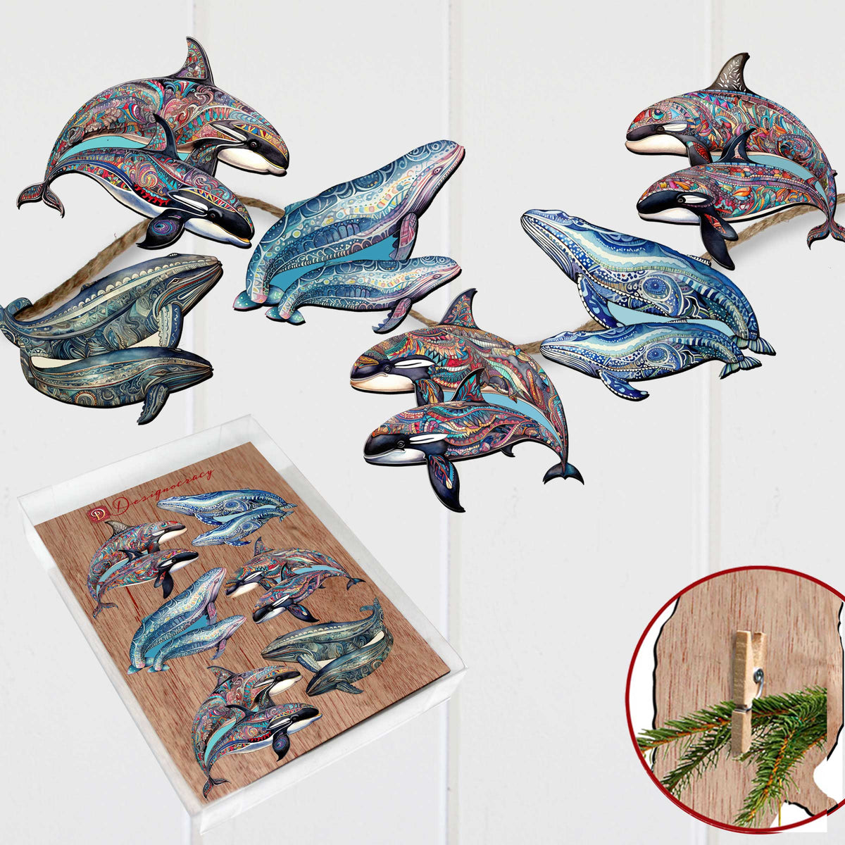 Embracing Whales Clip-On Eco Wood Decorative Ornaments Set of 6 by G. Debrekht - Wildlife Decor - 8090107C-S6