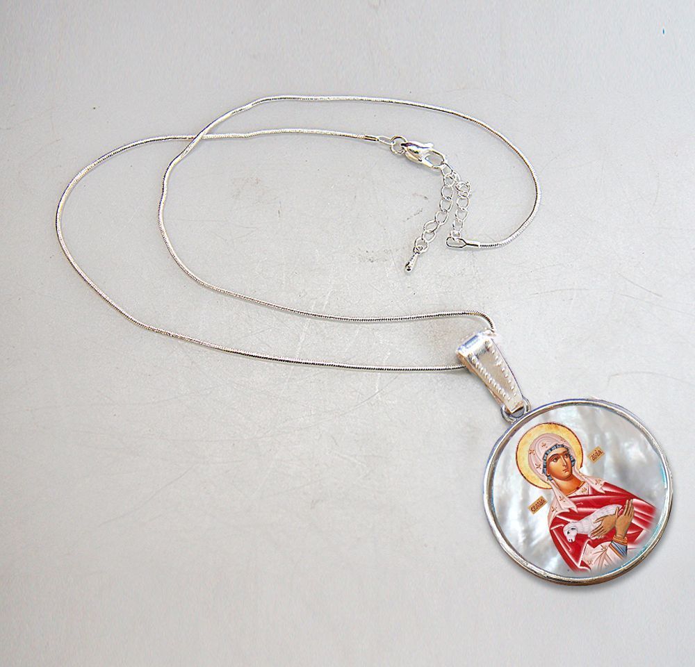 Icon of The Virgin Mary Silver Plated Mother of Pearl Necklace Jewelry - 43025