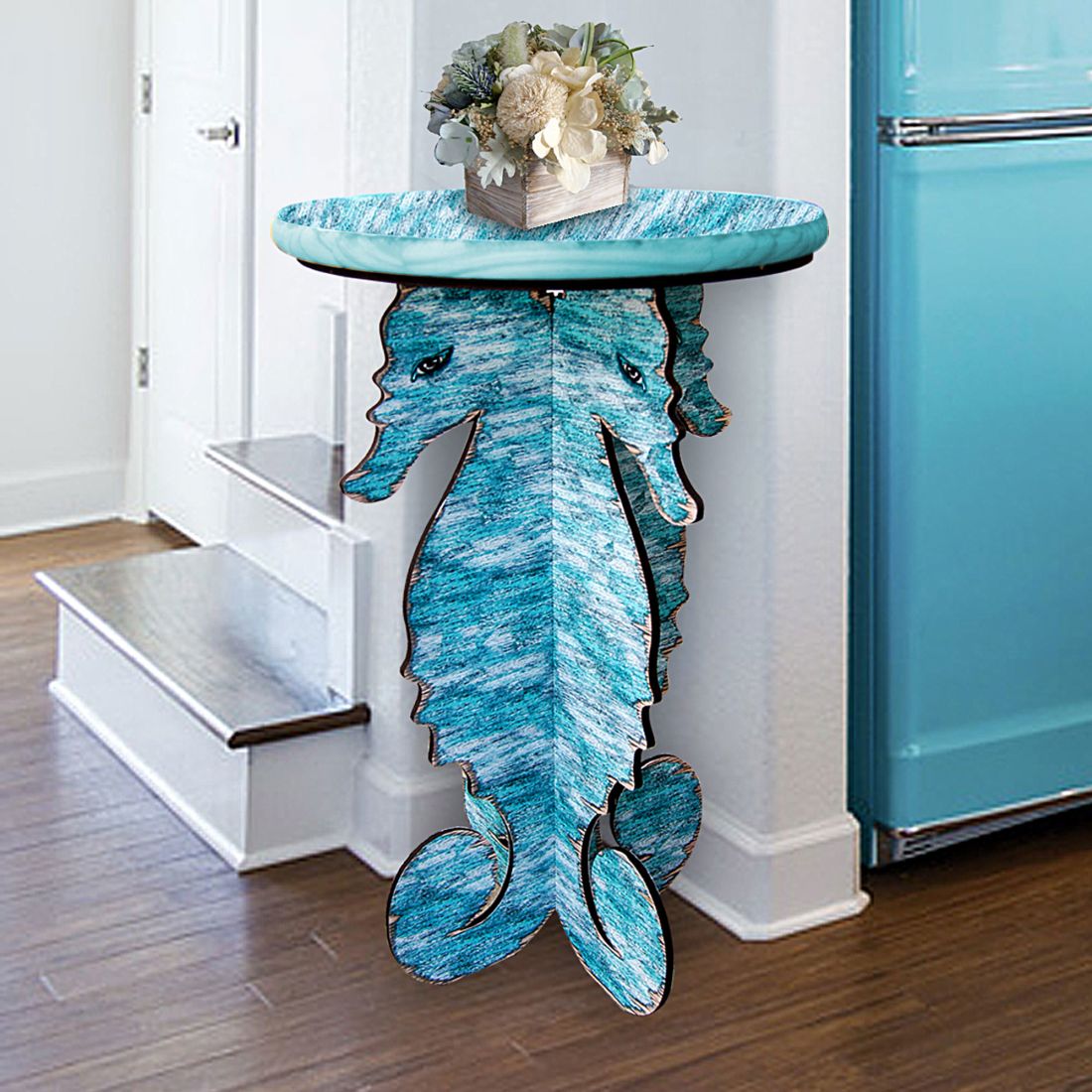 Seahorses Coastal Wooden Side Table Folded by G. DeBrekht - Coastal Sea-Life Decor - G99991