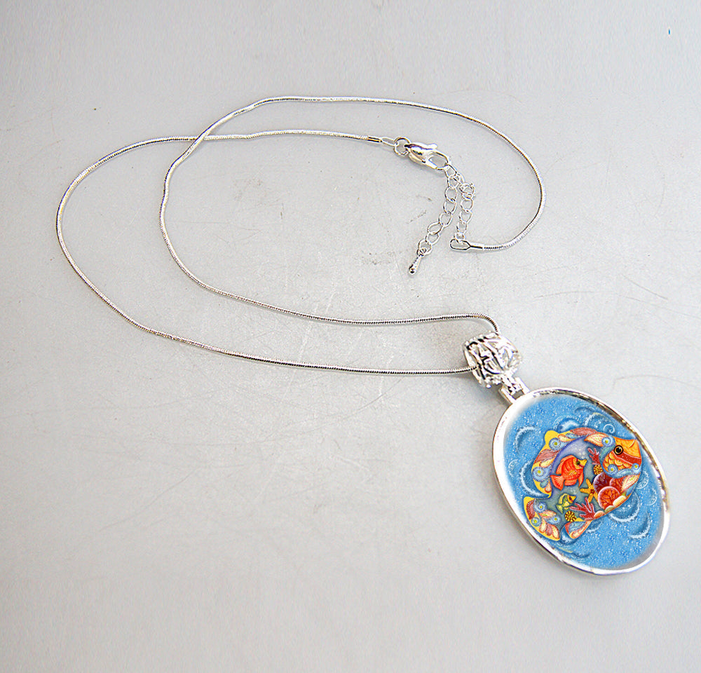 Fishy Family Silver Plated Mother of Pearl Jewelry Pendant Necklace Coastal - 44050