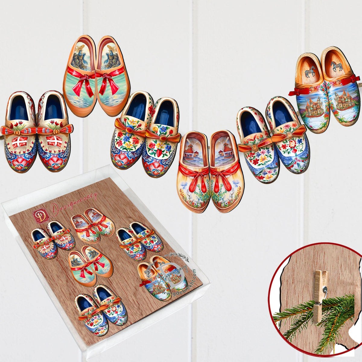 Danish Shoes Clip-On Eco Wood Decorative Ornaments Set of 6 by G. Debrekht - Love Family Decor - 8090073C-S6