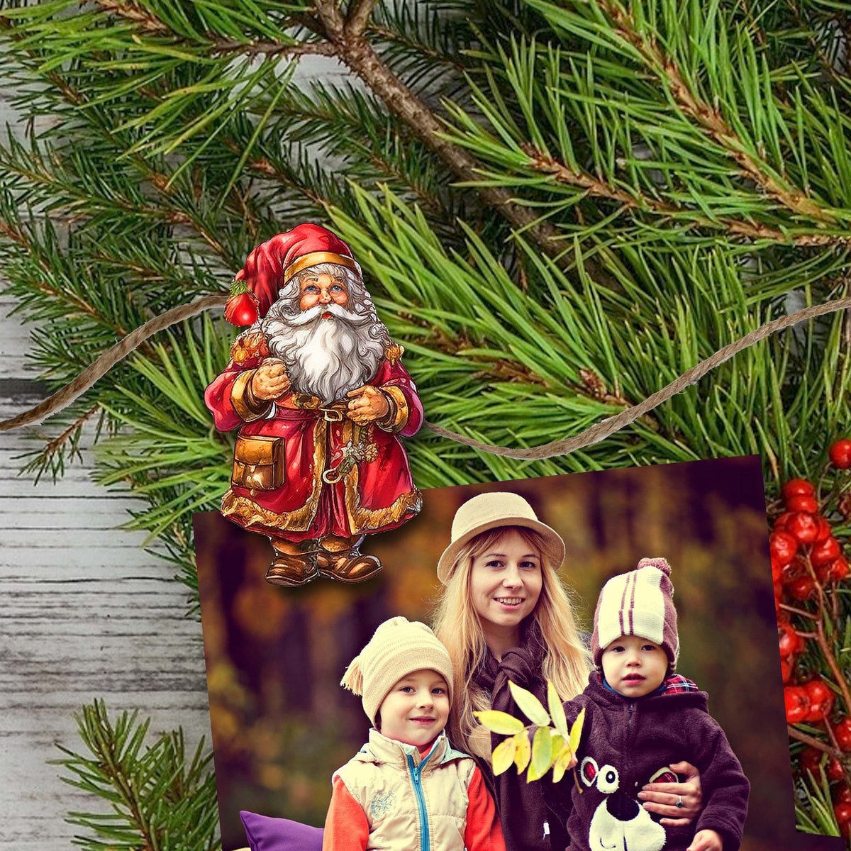 Colorful Santa Clip-On Eco Wood Decorative Ornaments Set of 12 by G. Debrekht - Christmas Decor - 8090050C-S12