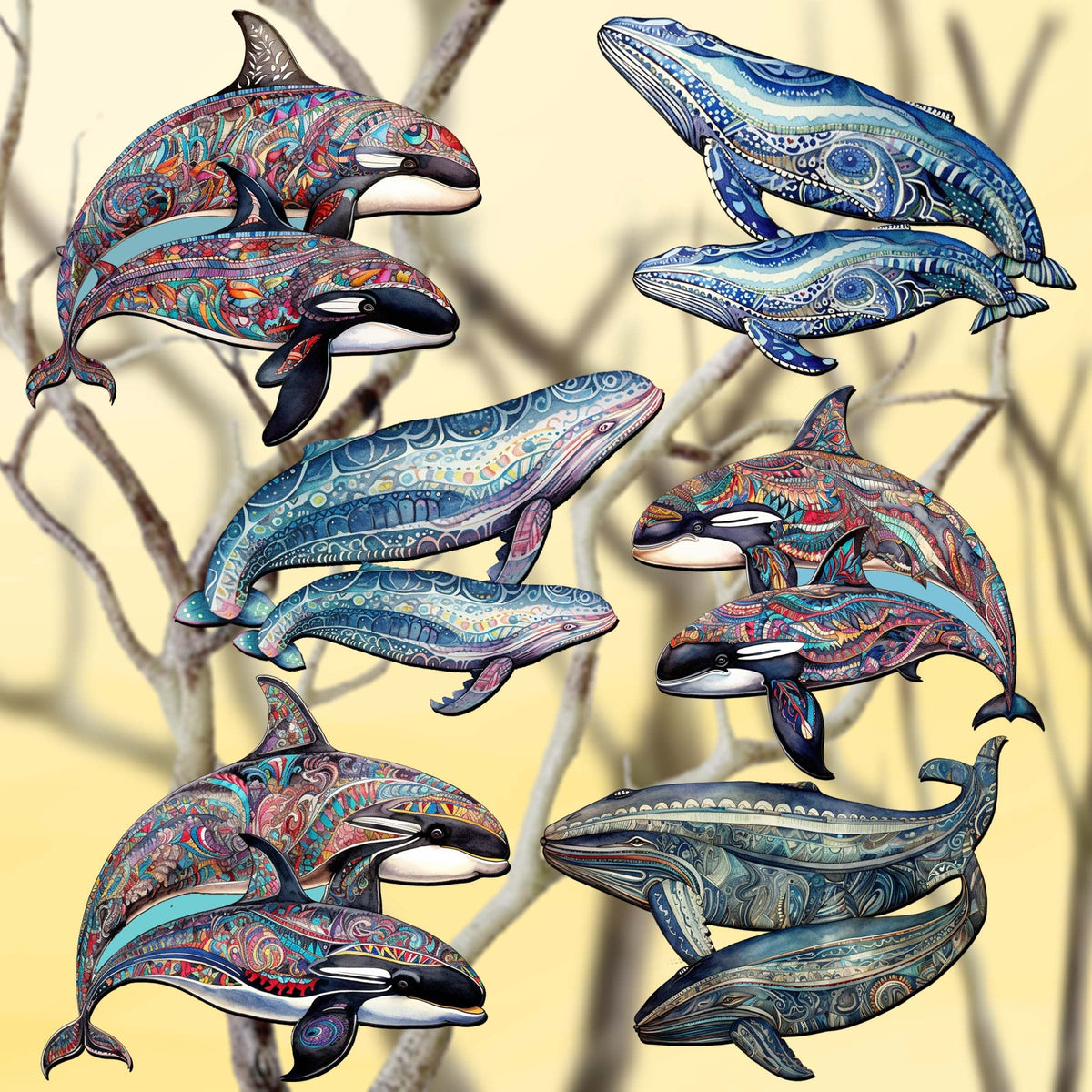Embracing Whales Clip-On Eco Wood Decorative Ornaments Set of 6 by G. Debrekht - Wildlife Decor - 8090107C-S6