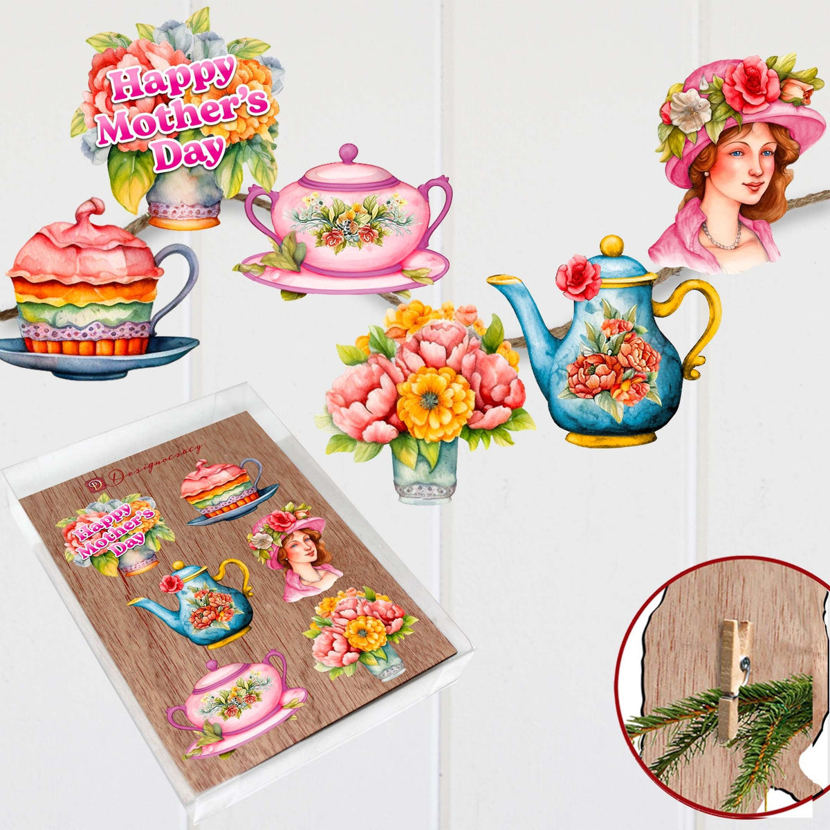 Happy Mother's Day Clip-On Eco Wood Decorative Ornaments Set of 6 by G. Debrekht - Love Family Decor - 8090059C-S6