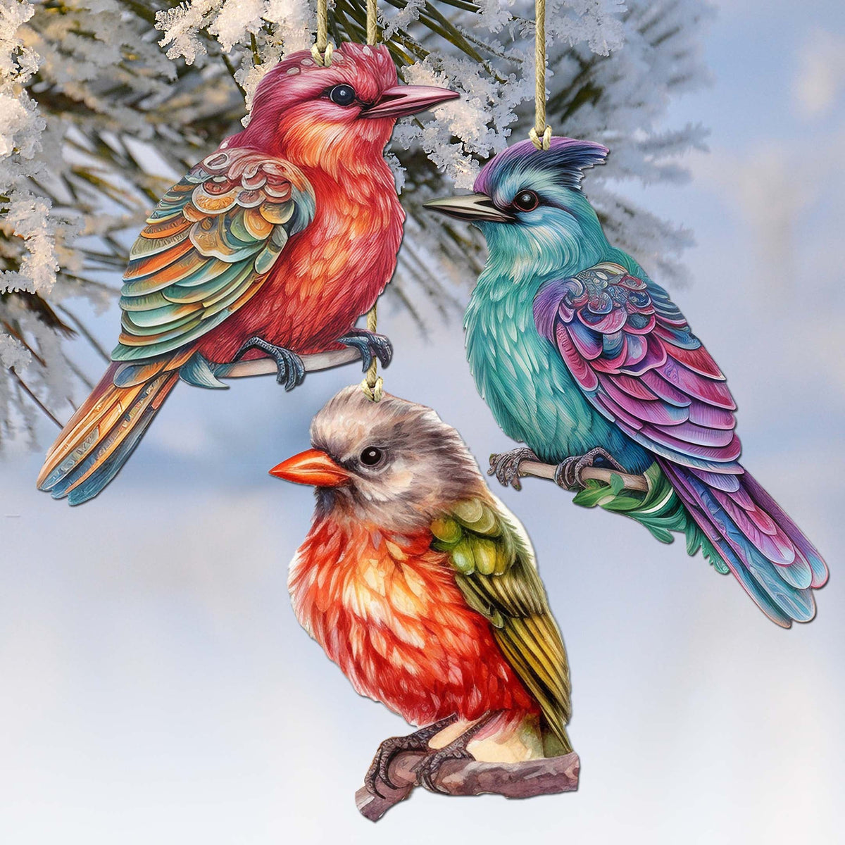 Colorful Birds Decorative Wooden Ornaments of 3 by G. Debrekht - Wildlife Decor - 8091003-S3