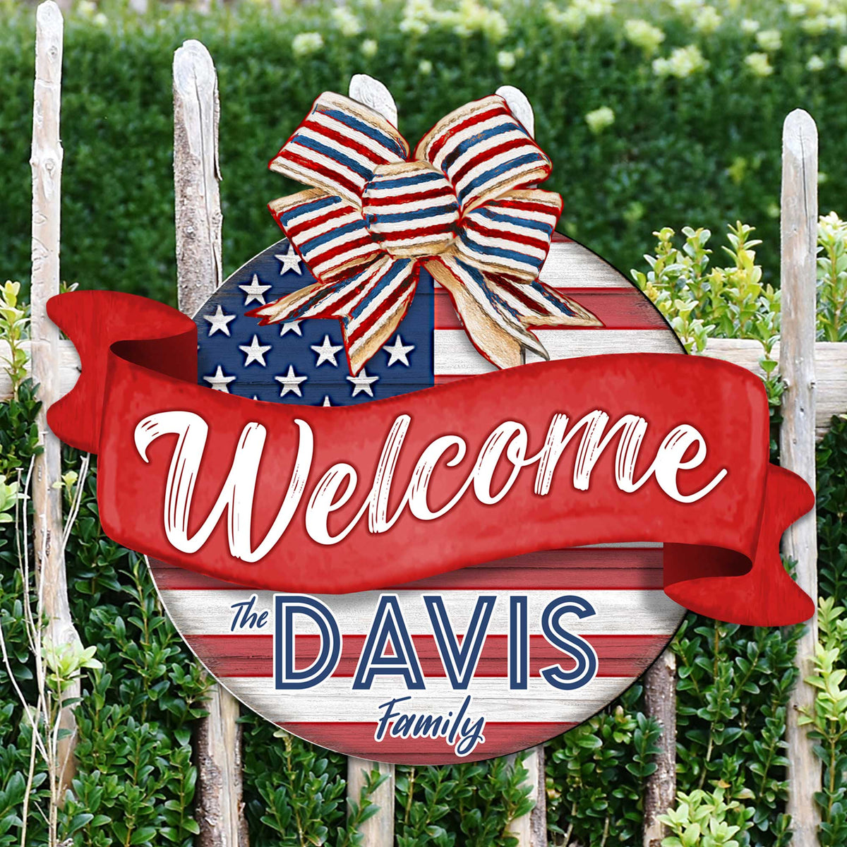 Front door welcome sign Custom name American flag porch wreath Main entrance Family Welcome sign - Wooden front porch decor - 933103HC