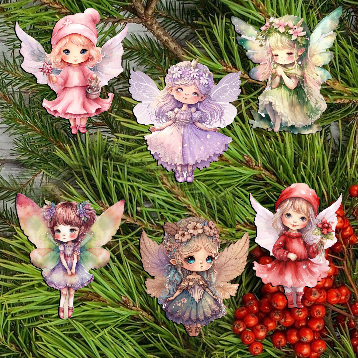 Colorful Fairies Clip-On Eco Wood Decorative Ornaments Set of 6 by G. Debrekht - Christmas Decor - 8090006C-S6