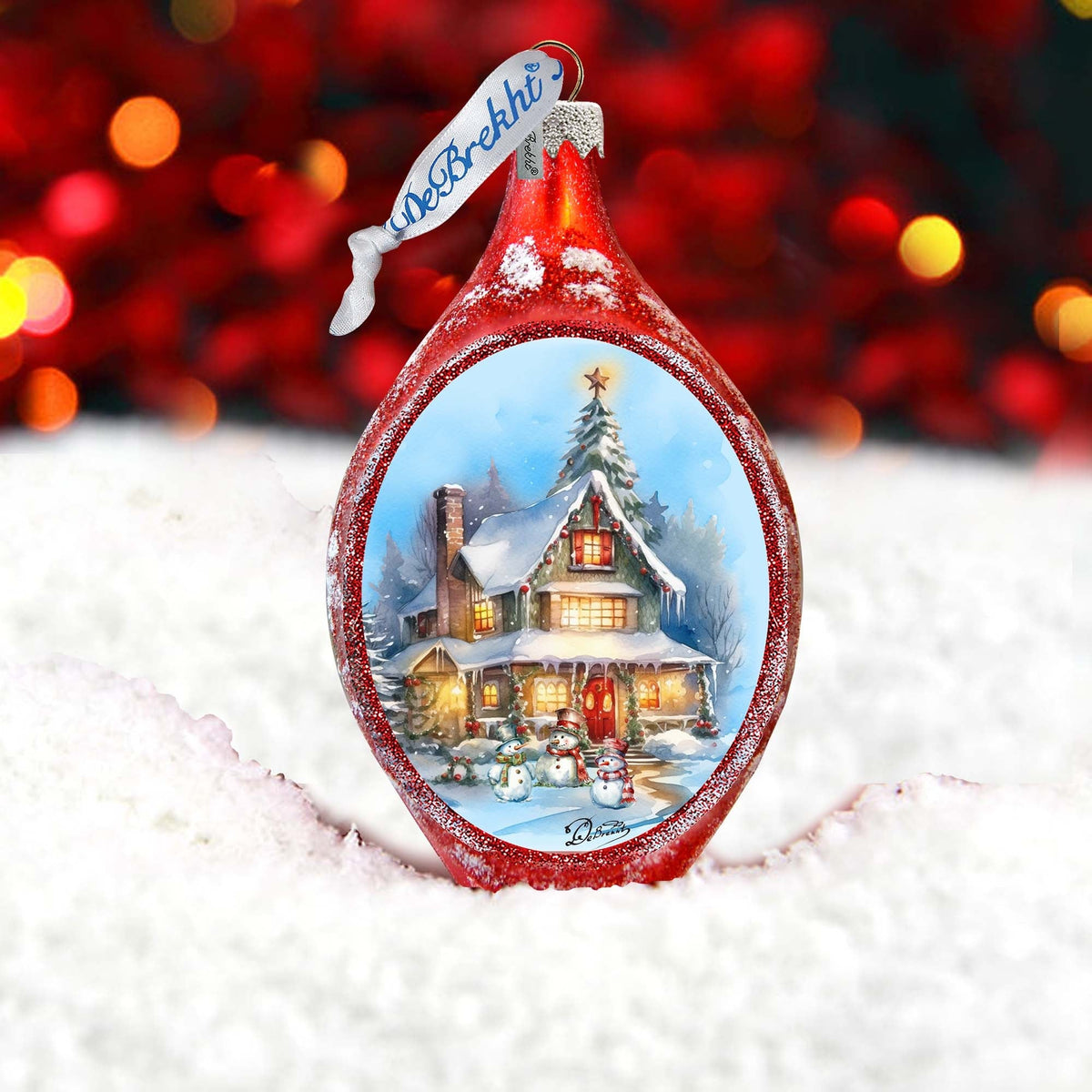 Christmas Cottage in Red Drop Glass Ornament by G. Debrekht Christmas Decor - 757-043