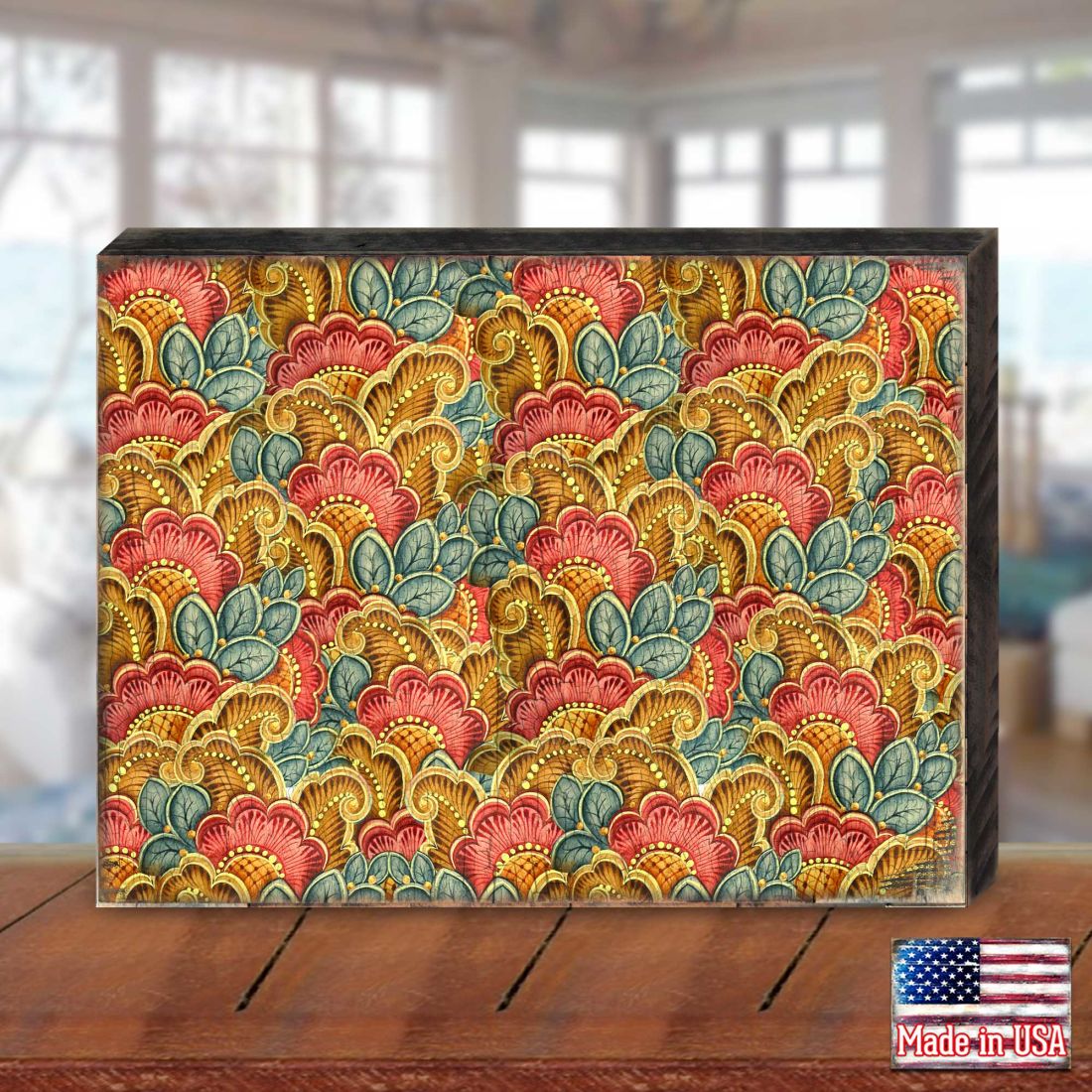 Gold Red Blue Floral Rustic Wall Block by G. DeBrekht - Floral Ornamental Decor - 95019B
