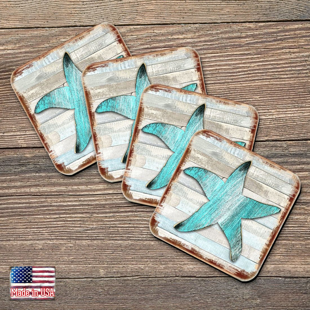 Starfish  Wooden Cork Coasters Gift Set of 4 by Nature Wonders -  Coastal Sea-Life Decor - 8198531-9C-S4