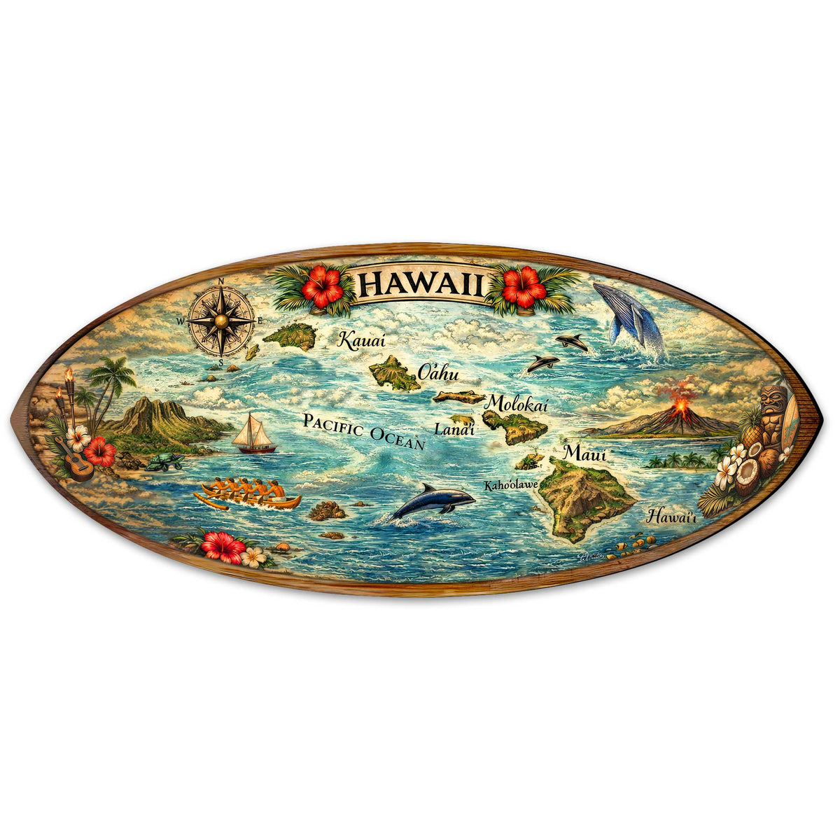 Hawaiian Islands Surfboard Wall Art – Handcrafted Coastal Wooden Decor by G.DeBrekht – Beach House Ocean Decor – 8490160HS