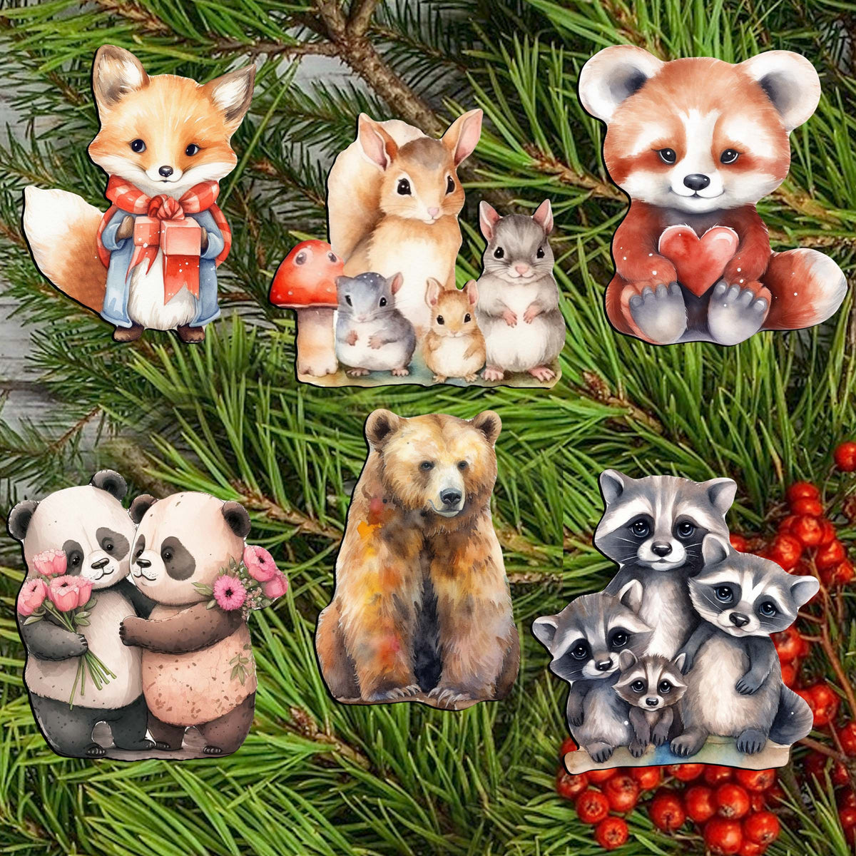 Forest Animals Clip-On Eco Wood Decorative Ornaments Set of 6 by G. Debrekht - Christmas Decor - 8090021C-S6
