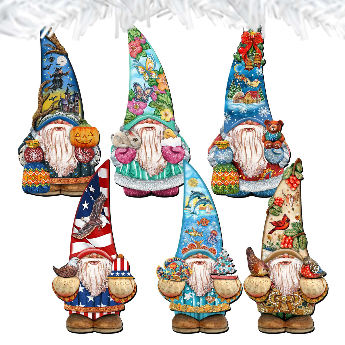 Holiday Gnomes Clip-On Eco Wood Decorative Ornaments Set of 6 by G. Debrekht  - Christmas Decor - 8090138C-S6