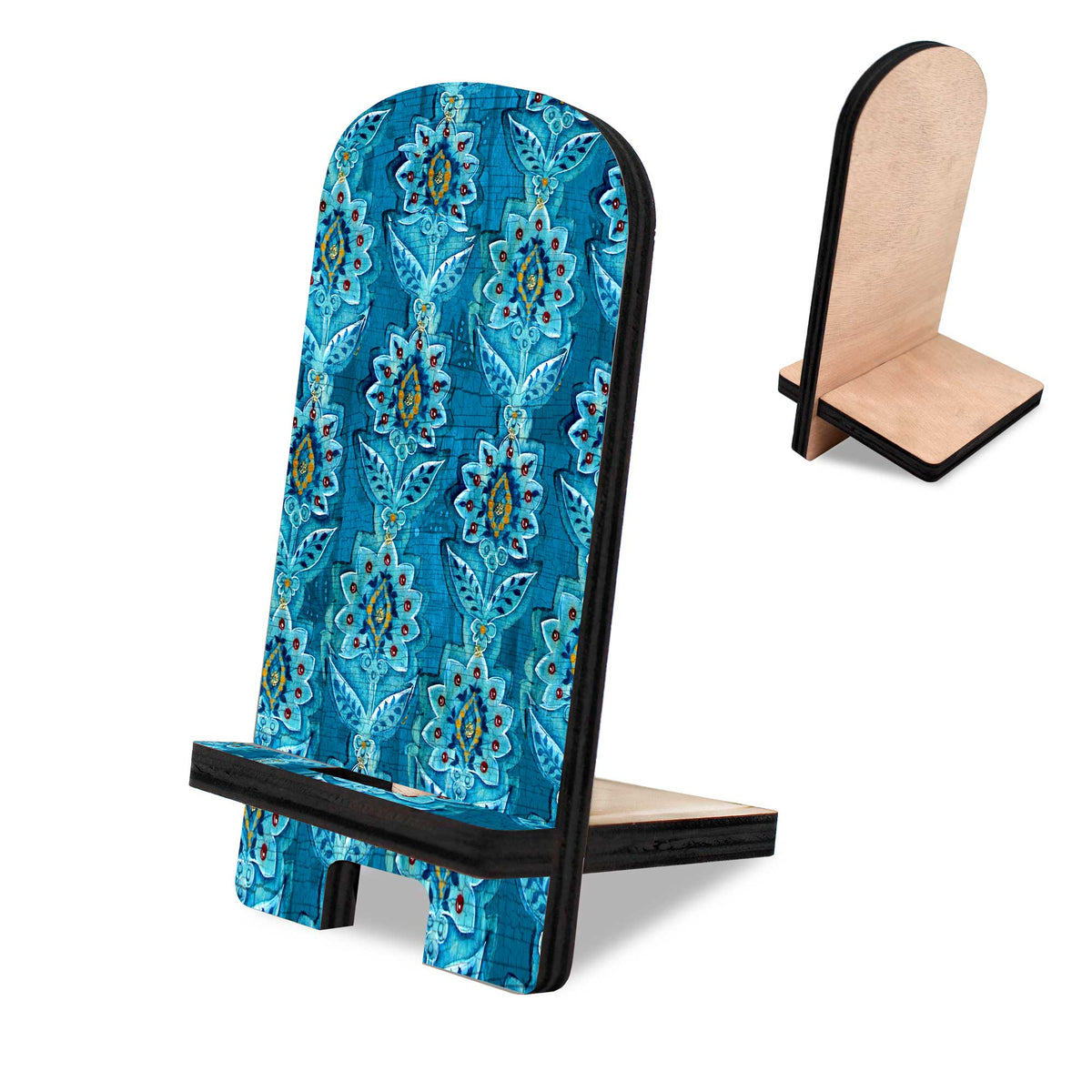 Blue Ornamental Flower Decor Cell Phone Stand Wood Mobile Tablet Holder Charging Station Organizer - 892035