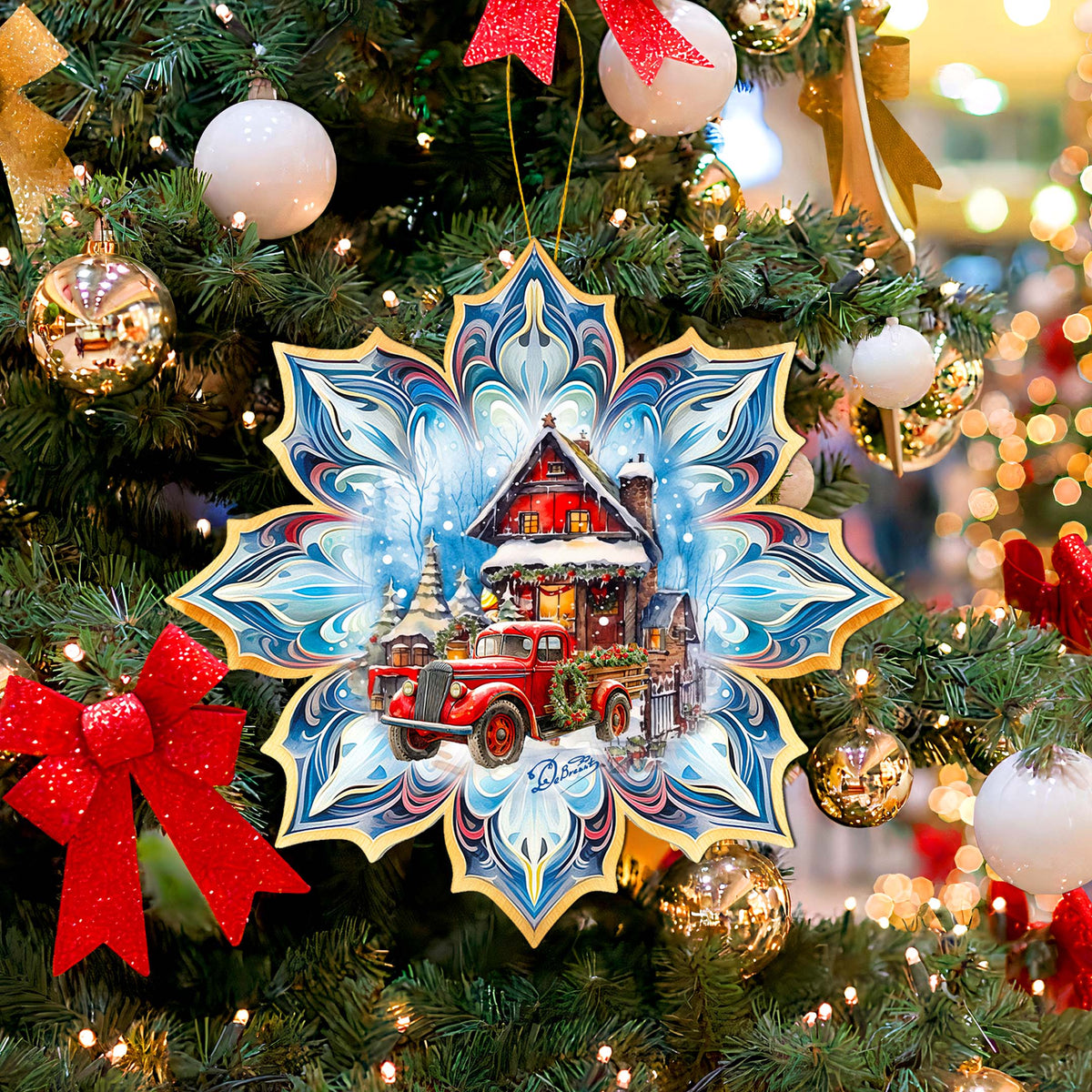 Christmas Cottage Snowflake Large Wooden Ornament by G. Debrekht - Christmas Décor - 8688406M