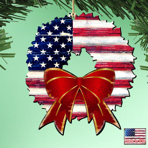 American Flag Wreath Wooden Ornaments by G. DeBrekht - American Christmas Decor - 8185302