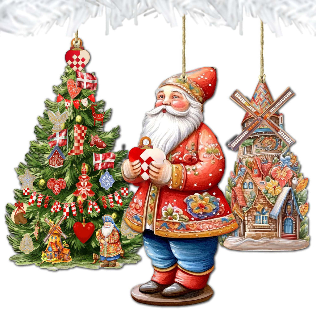 Santas Around the World - Danish Inspired Santa - Eco Wood Ornaments Set of 3 by G. DeBrekht Christmas Santa Snowman Decor - 8091302S3