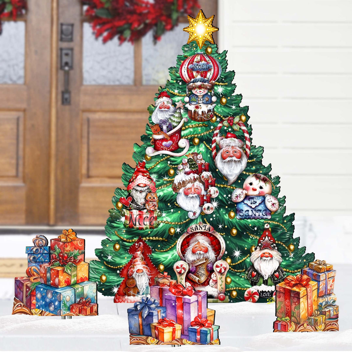 Santa-Themed Christmas Tree Set Outdoor Indoor Decor Wooden Christmas Decoration by Jamie Mills-Price - Christmas Decor - 8191509F-G
