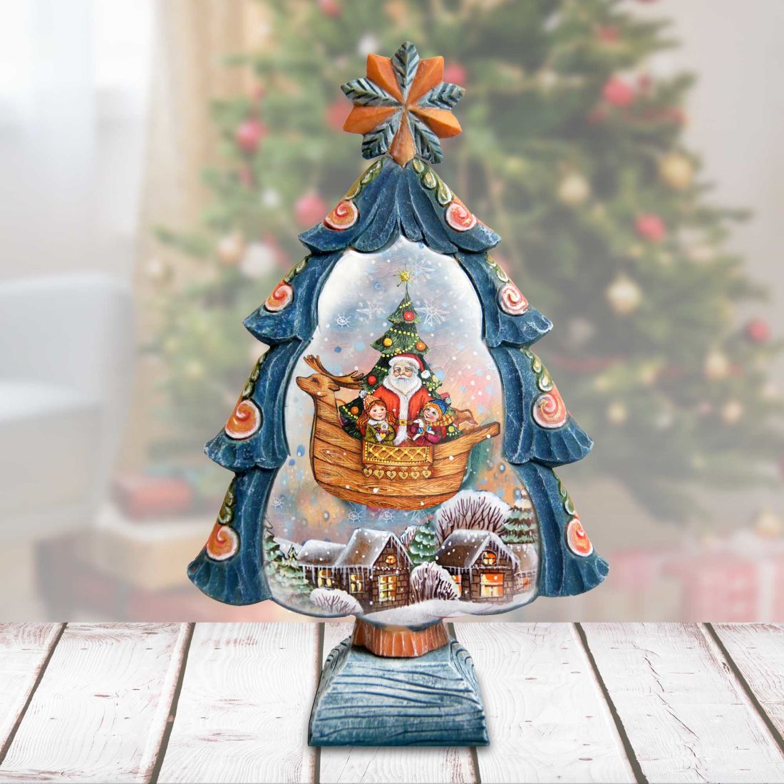 Flying to Town Tree Handcrafted Christmas Figurine - G. DeBrekht - Christmas Santa Snowman Decor - 588052M