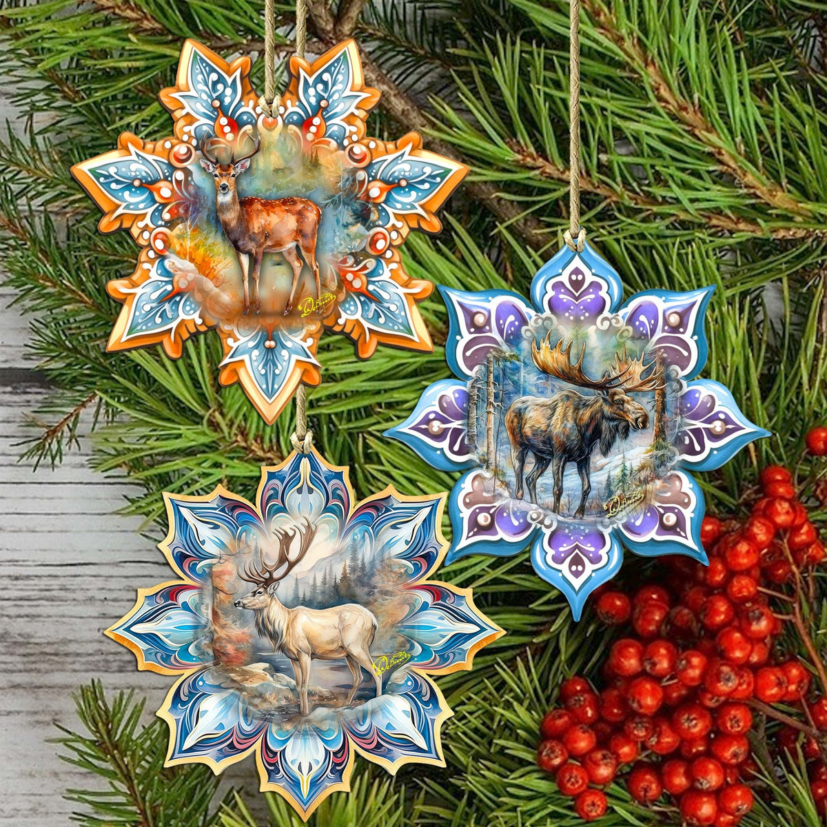 Forest Animals Snowflake Eco Wood Ornaments Set of 3 by G. Debrekht - Nature Wildlife Decor - 8090145-S3