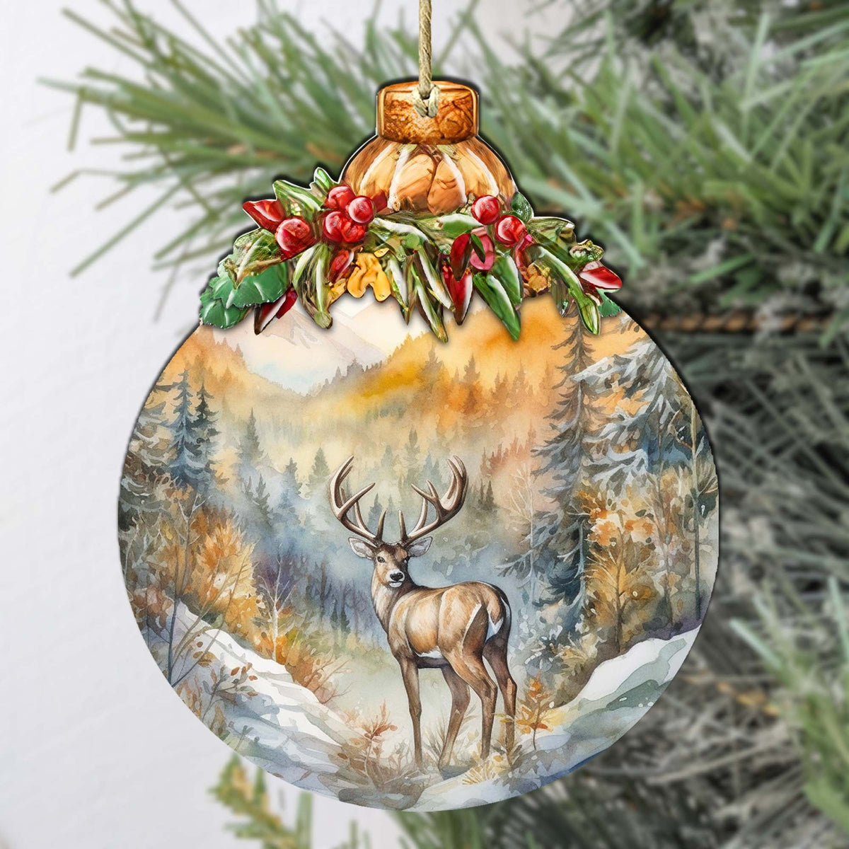 Elk in Mountain's Nature Beauty Wooden Ornaments by G.Debrekht - Wildlife Holiday Decor - 870027