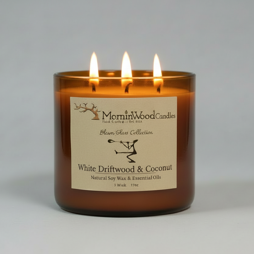 White Driftwood & Coconut-Soy 3-Wick Blown Glass Collection