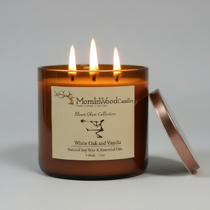 White Oak and Vanilla-Soy 3-Wick Blown Glass Collection