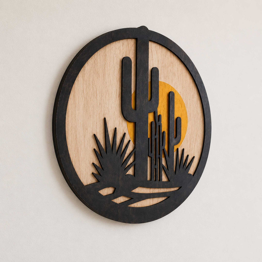 Southwestern Desert Cactus Wall Art – Layered Wooden Circle Wall Decor - G987002
