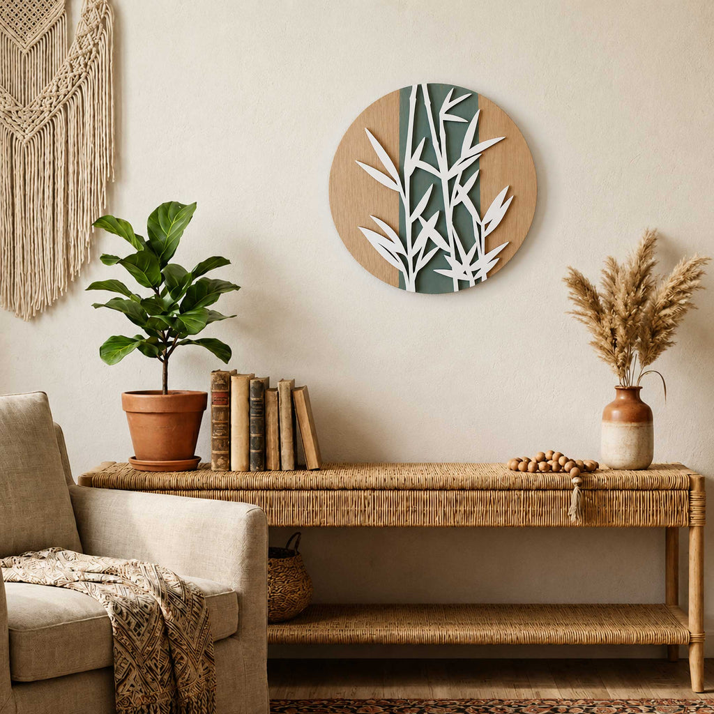 Bamboo Serenity Layered Wall Art – Modern Botanical Round Wall Decor - G987005