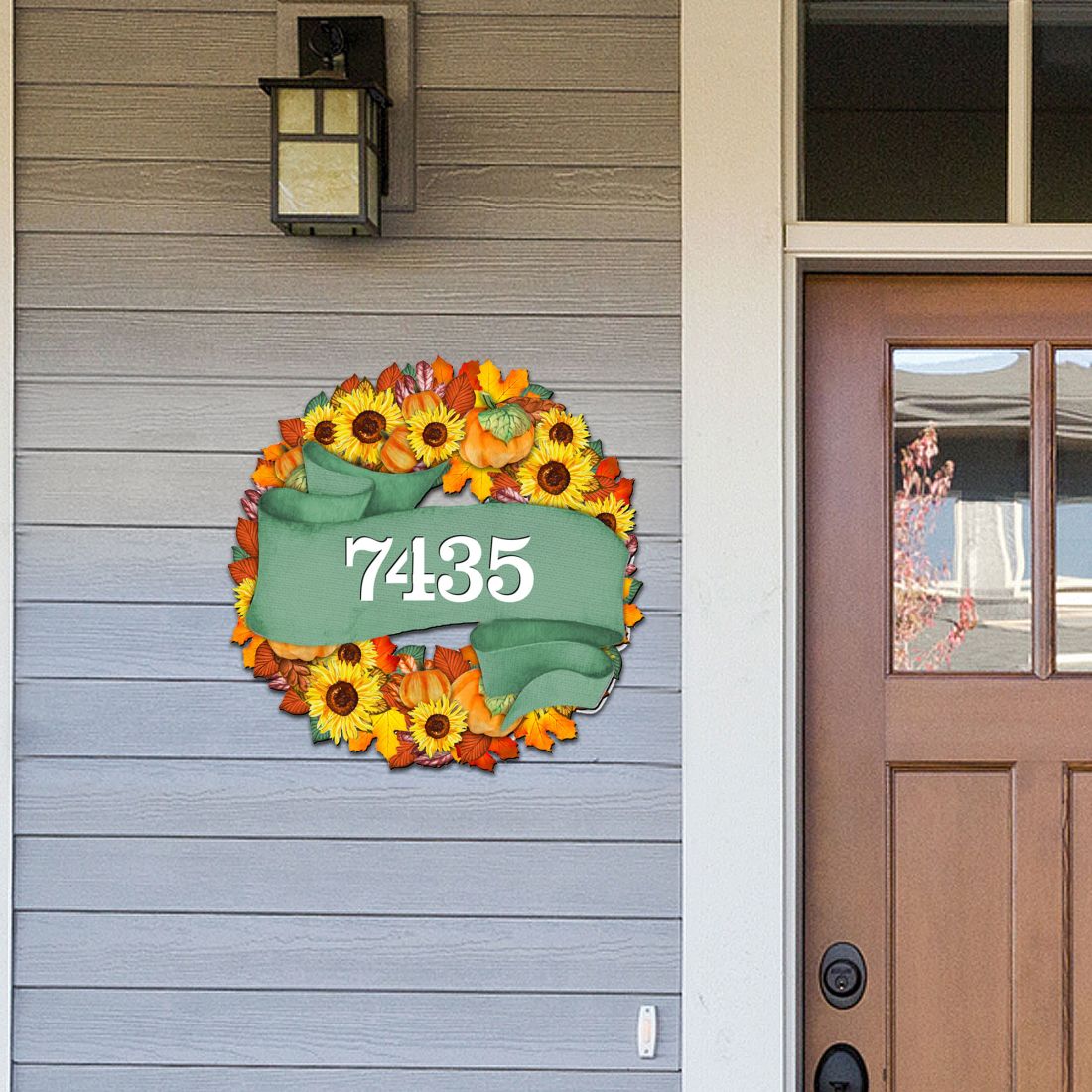 Sunflower Wreath Wooden House Number Sign by G. DeBrekht - Thanksgiving Halloween Décor - Handcrafted Wooden Handcrafted Wooden Handcrafted Wooden Address Sign - MA81853052