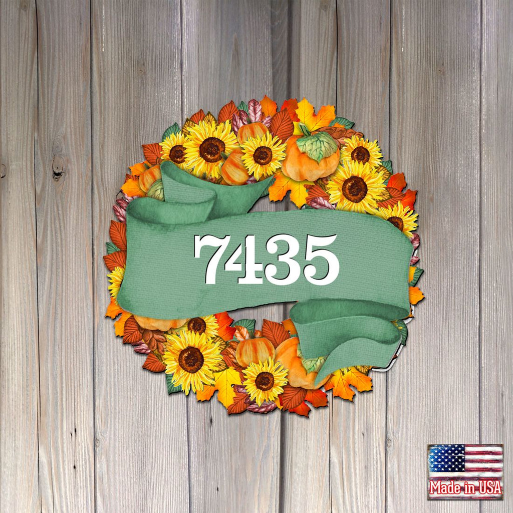 Sunflower Wreath Wooden House Number Sign by G. DeBrekht - Thanksgiving Halloween Décor - Handcrafted Wooden Handcrafted Wooden Handcrafted Wooden Address Sign - MA81853052