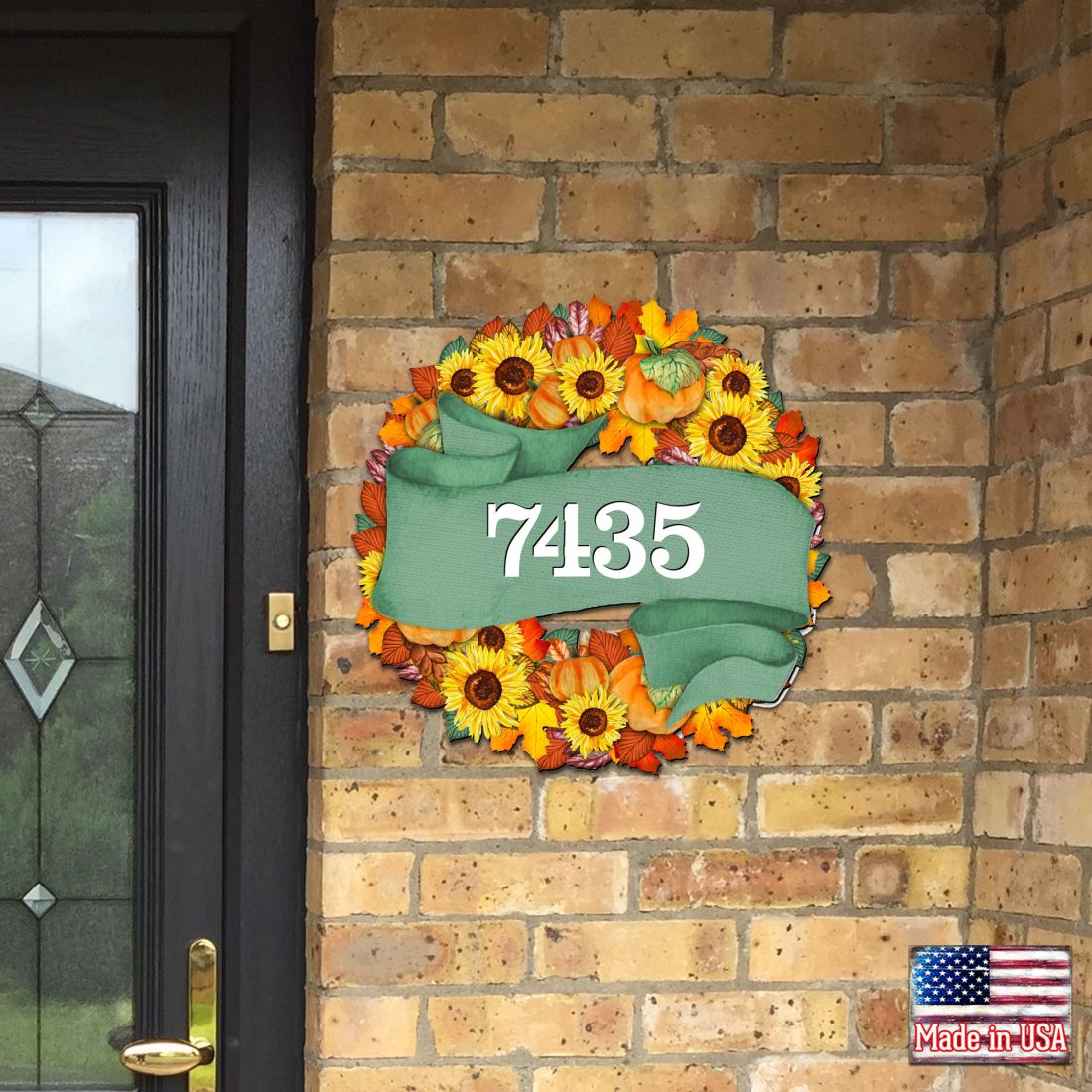 Sunflower Wreath Wooden House Number Sign by G. DeBrekht - Thanksgiving Halloween Décor - Handcrafted Wooden Handcrafted Wooden Handcrafted Wooden Address Sign - MA81853052