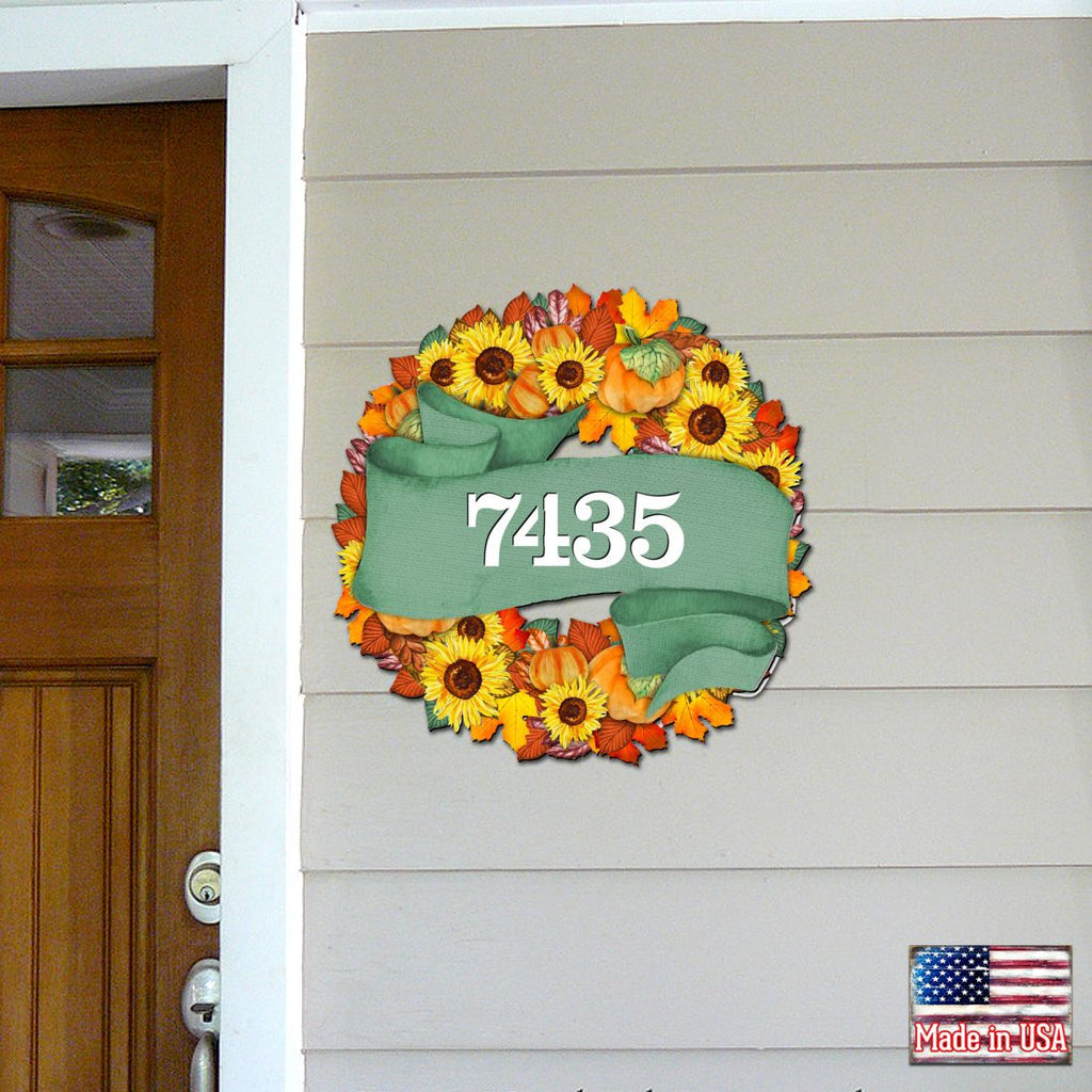 Sunflower Wreath Wooden House Number Sign by G. DeBrekht - Thanksgiving Halloween Décor - Handcrafted Wooden Handcrafted Wooden Handcrafted Wooden Address Sign - MA81853052