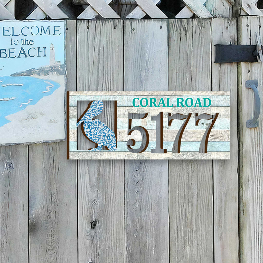 Handcrafted Coastal Pelican Address Sign – Custom House Number & Street Name Plaque – Horizontal Address Plaque for Porch or Entryway MA989813-2