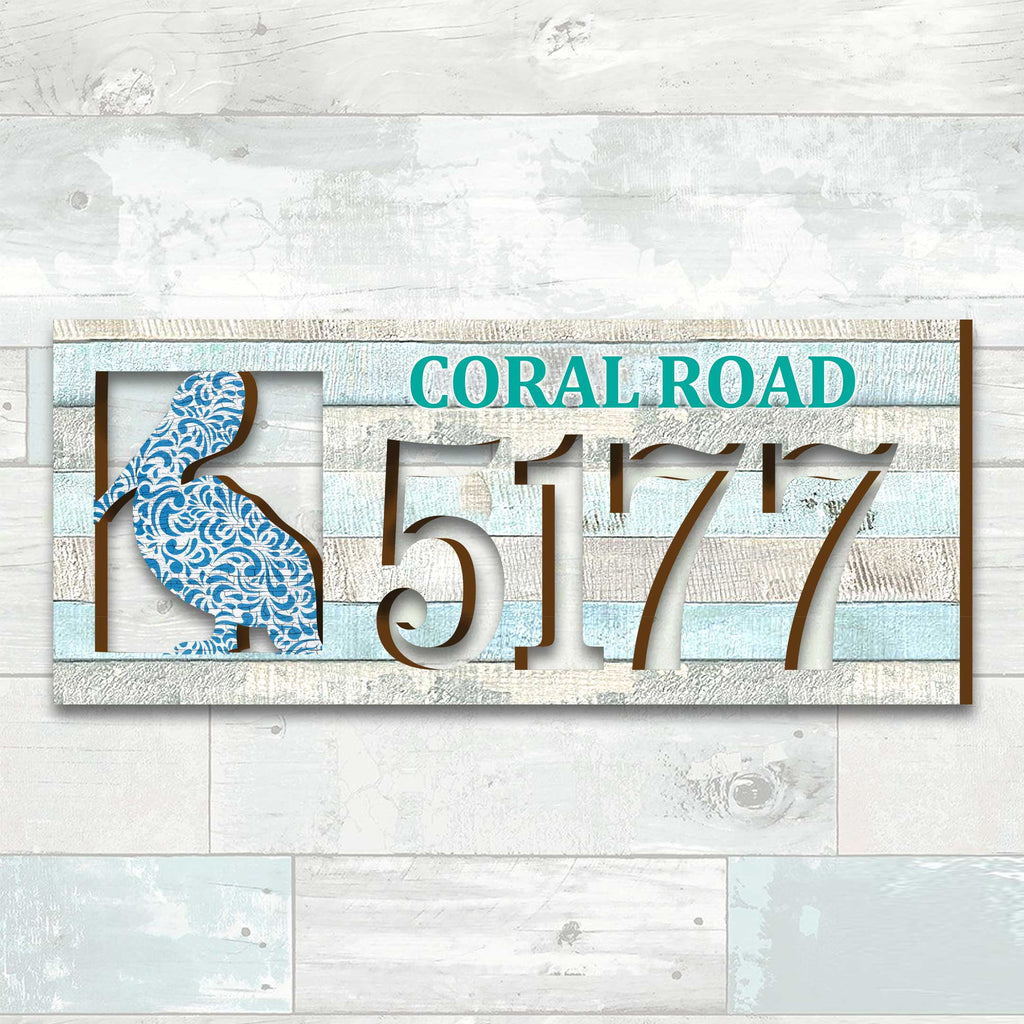 Handcrafted Coastal Pelican Address Sign – Custom House Number & Street Name Plaque – Horizontal Address Plaque for Porch or Entryway MA989813-2