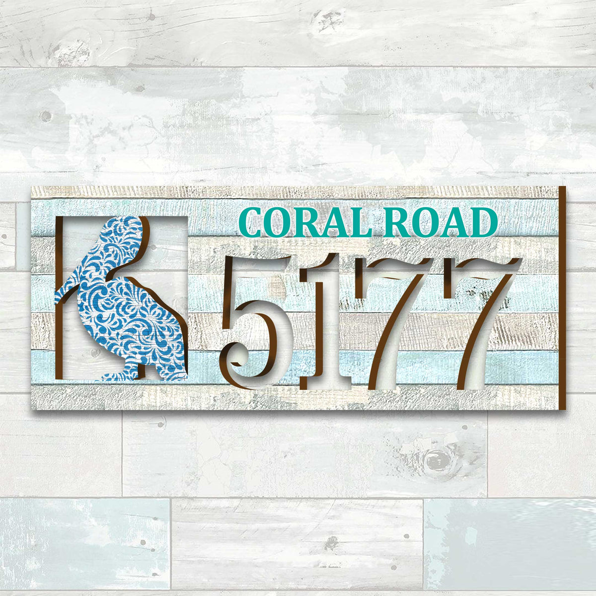 Handcrafted Coastal Pelican Address Sign – Custom House Number & Street Name Plaque – Horizontal Address Plaque for Porch or Entryway MA989813-2