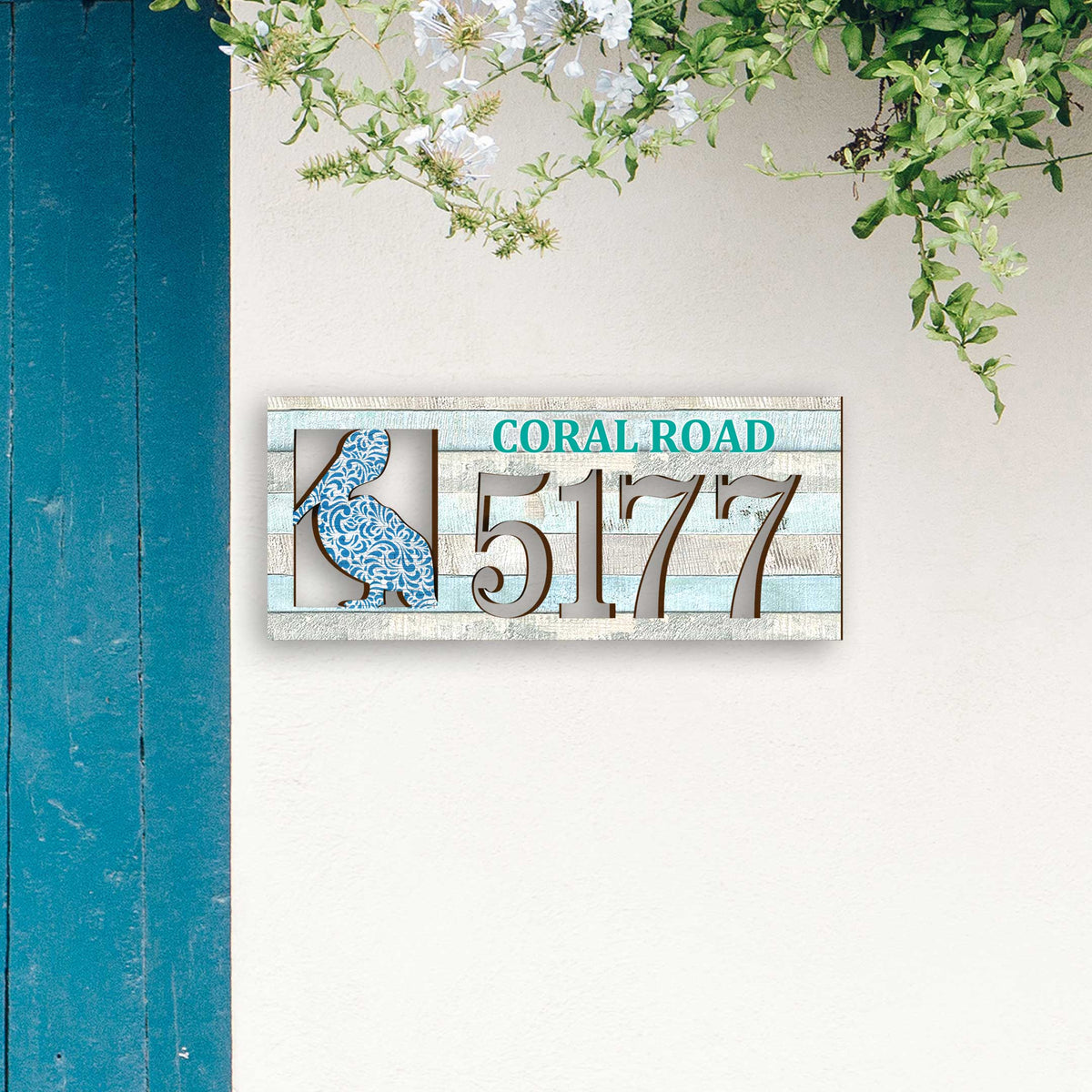 Handcrafted Coastal Pelican Address Sign – Custom House Number & Street Name Plaque – Horizontal Address Plaque for Porch or Entryway MA989813-2