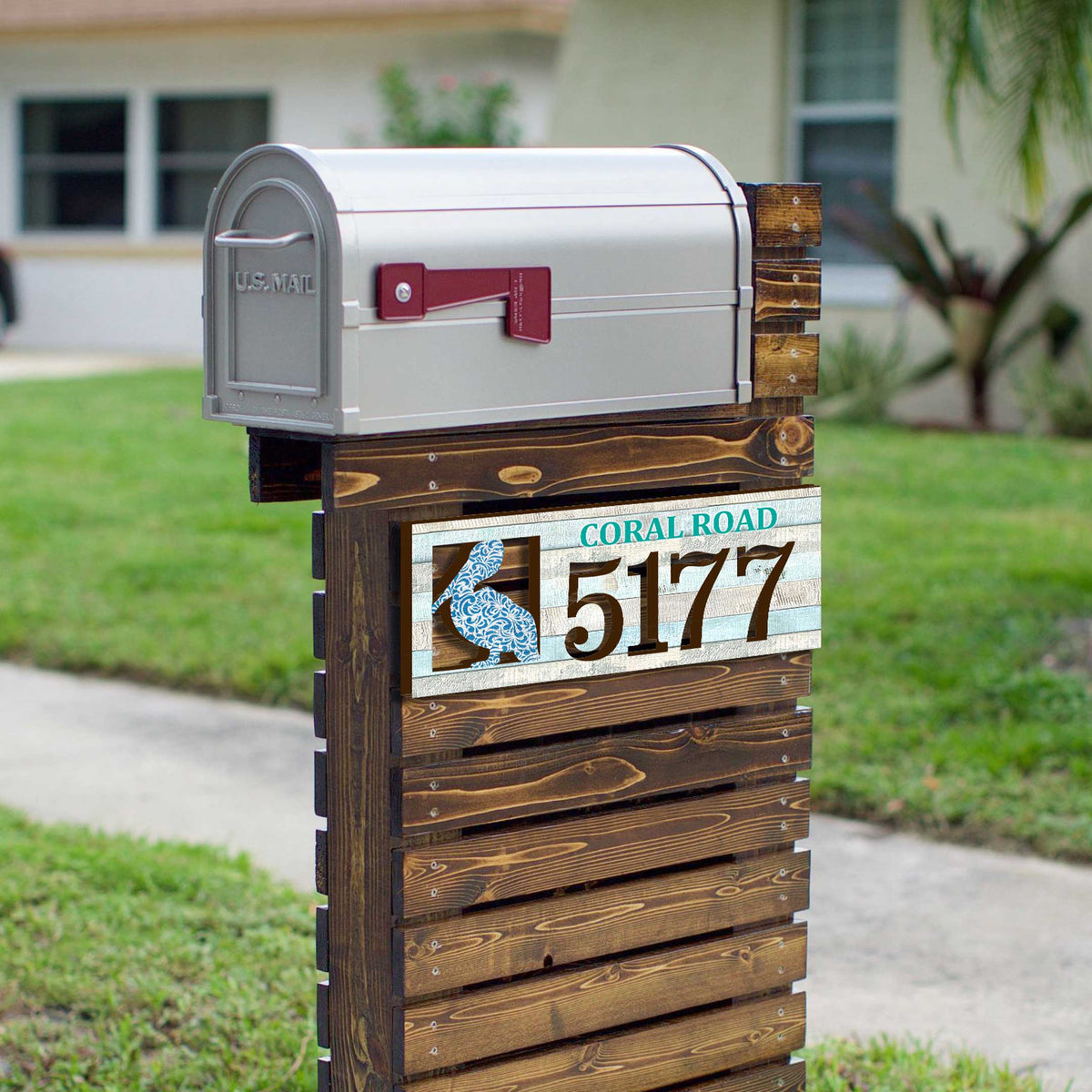 Handcrafted Coastal Pelican Address Sign – Custom House Number & Street Name Plaque – Horizontal Address Plaque for Porch or Entryway MA989813-2