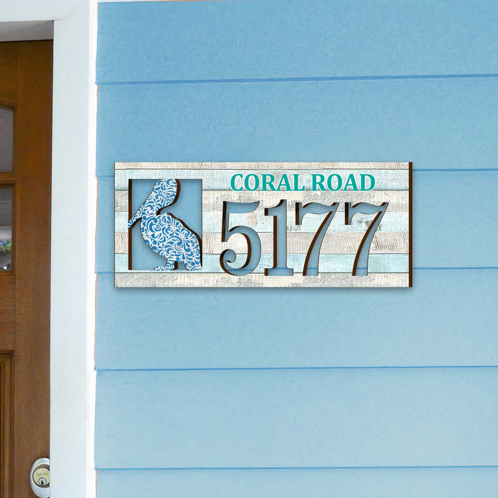 Handcrafted Coastal Pelican Address Sign – Custom House Number & Street Name Plaque – Horizontal Address Plaque for Porch or Entryway MA989813-2