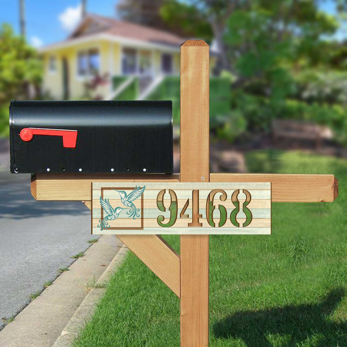 Hummingbird Couple House Number Sign – Handcrafted Wooden Address Plaque for Porch, Entryway, or Garden – Custom Home Handcrafted Wooden Address Sign MA989831