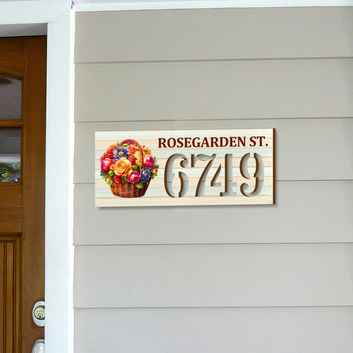 Handcrafted Floral Basket Address Sign – Custom House Number & Street Name Plaque – Horizontal Address Plaque for Porch or Entryway MA989832-2