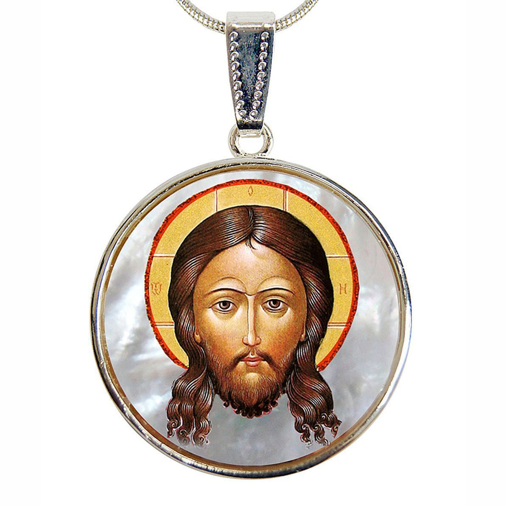 Icon of The Holy Face Silver Plated Mother of Pearl Necklace Jewelry - 43018