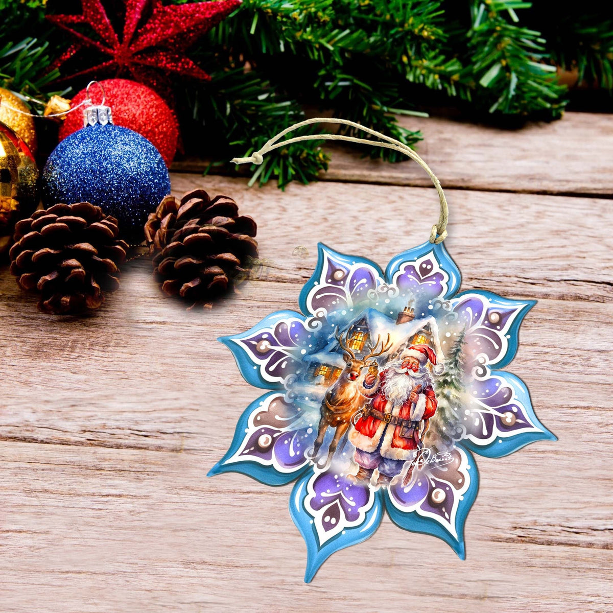 Santa with Reindeer Snowflake Large Wooden Ornament by G. Debrekht - Christmas Santa Snowman Decor - 8688405M