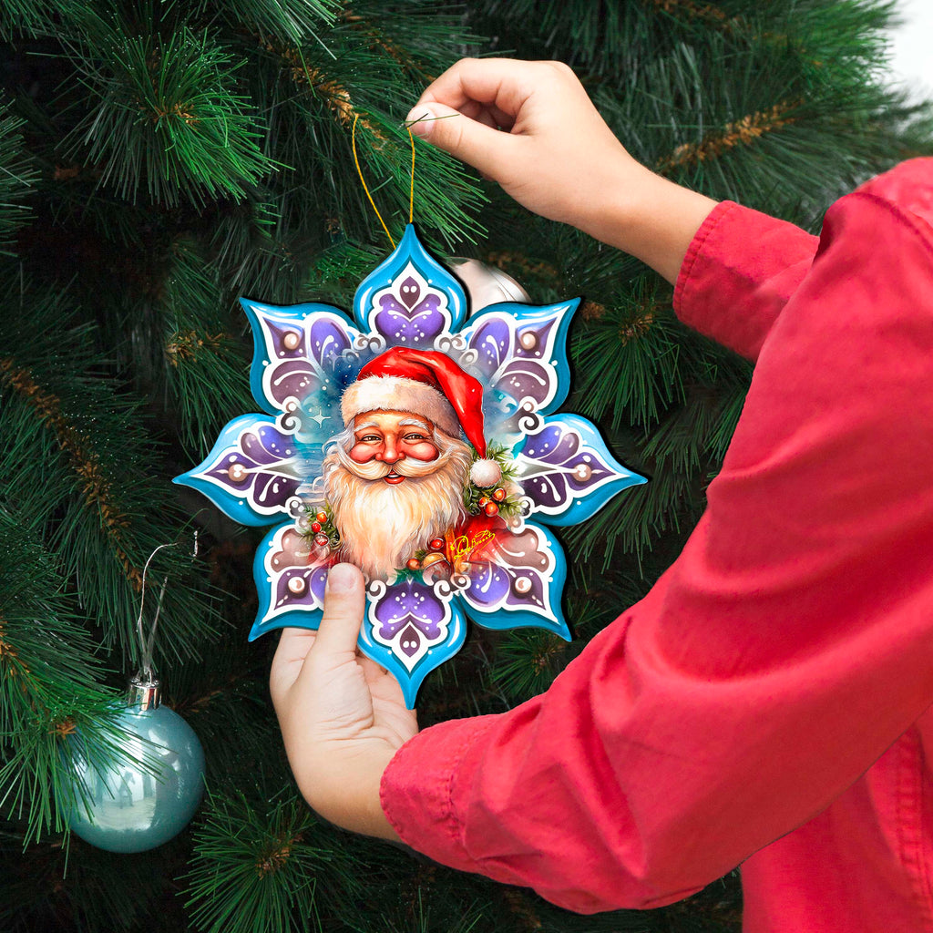 Smiling Santa Snowflake Large Wooden Ornament by G. Debrekht - Christmas Santa Snowman Decor - 8688423M