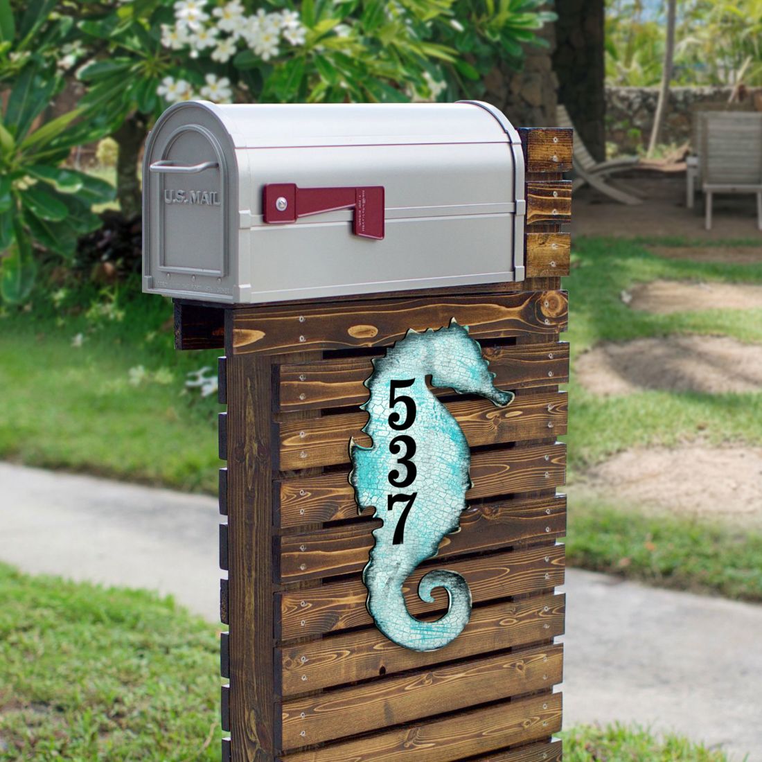 Seahorse Coastal Wooden Personalized House Number Sign by G. Debrekht - Coastal Sea-Life Decor - Handcrafted Wooden Handcrafted Wooden Handcrafted Wooden Address Sign - MA98517