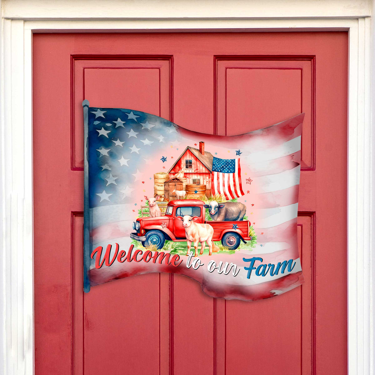 Front door welcome sign American flag Welcome to Our Farm Front porch Patriotic wreath Farm front entrance banner Welcome sign - Wooden front porch decor - 933107H