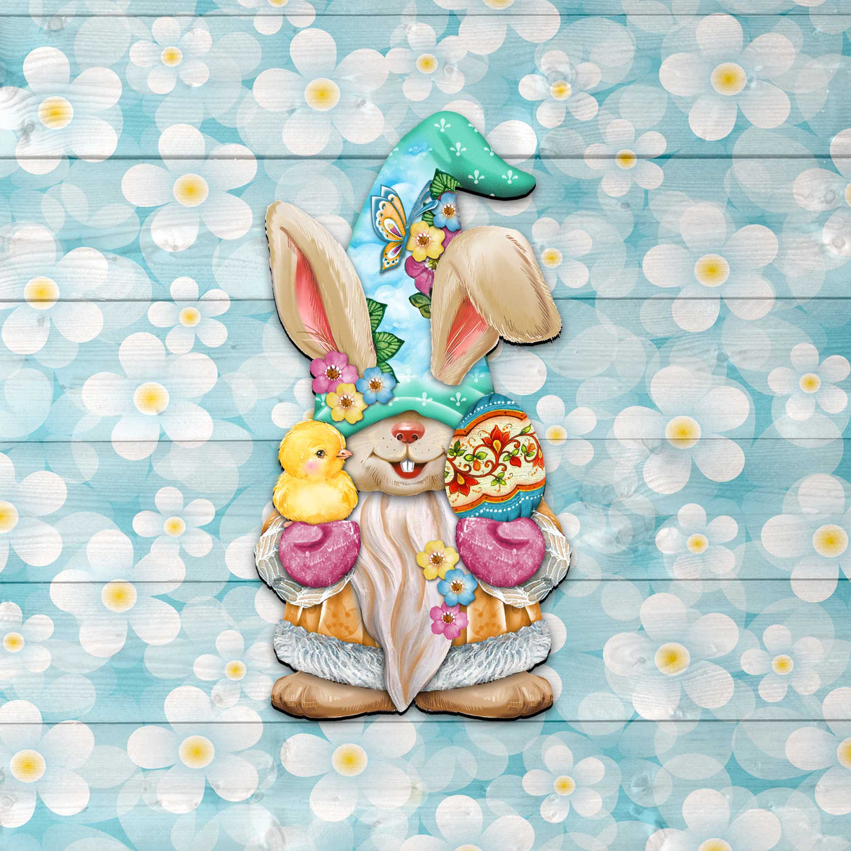 Easter Egg Bunny Gnome with Chick Wooden Door Hanger Wall by G. DeBrekht - Easter Spring Decor - 8611017H