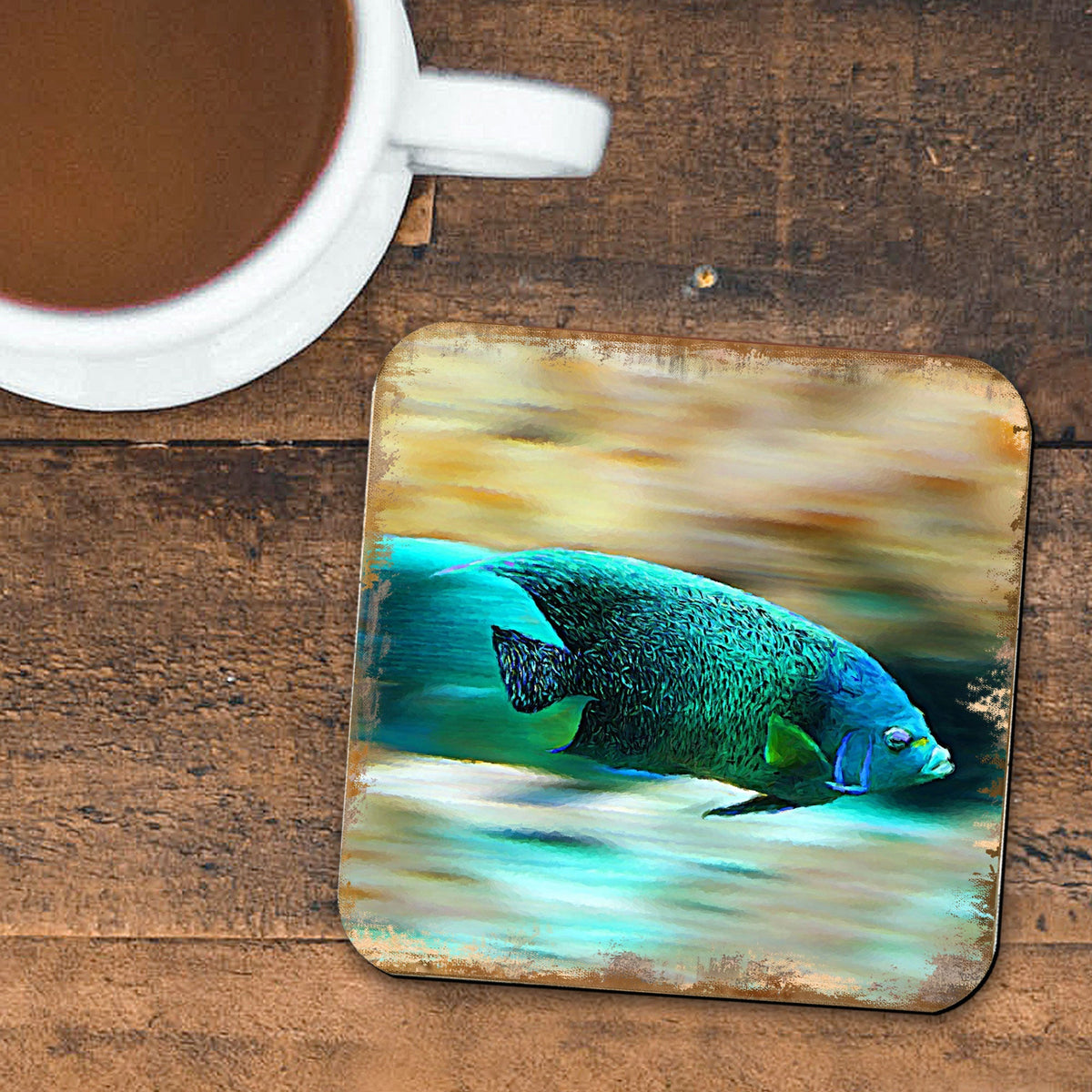 Green Tropical Fish Coastal Wood Coasters Set of 4 by Nature Wonders - 95264C-S4